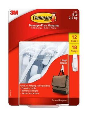 3M Command Damage-Free Hanging Hook, Large holds up to 5 lb, White, 12/Pack